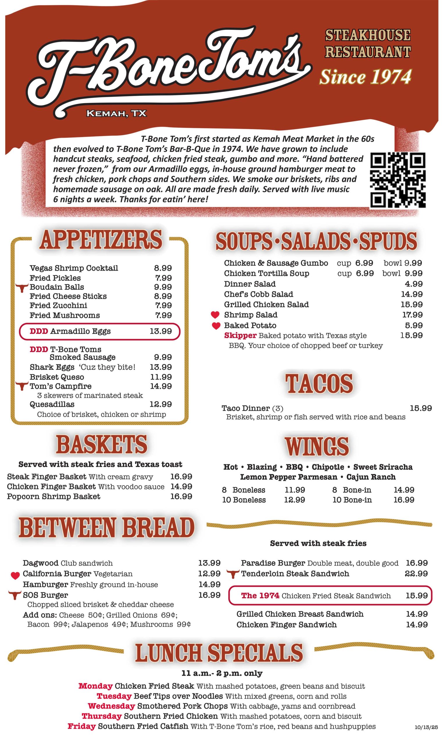 T Bone Toms Lunch and Dinner Menu