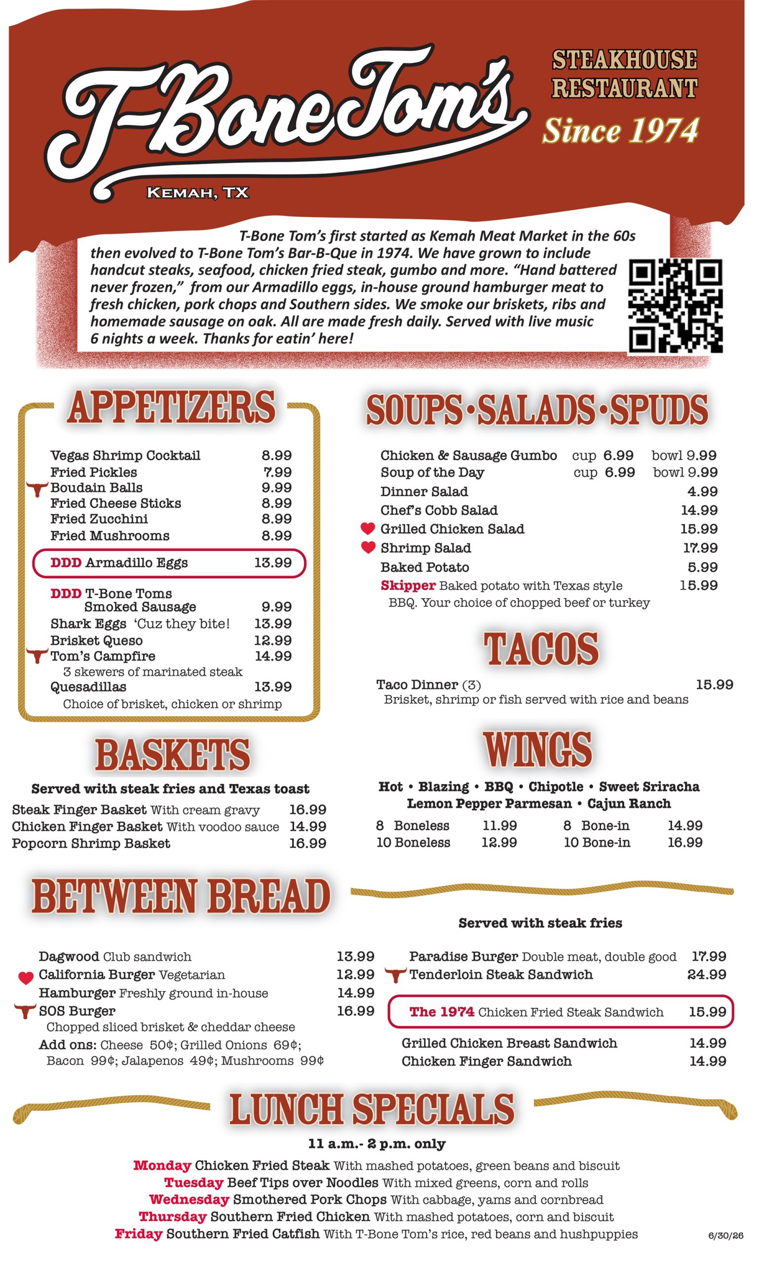 T Bone Toms Menu Page 1